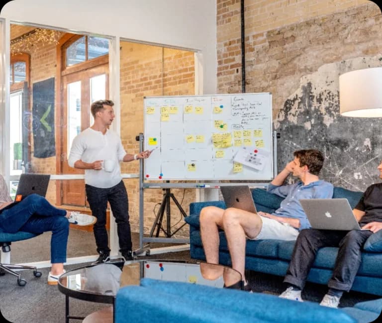Team planning ideas around a whiteboard